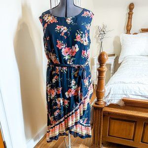 ~*Sandra Darren Navy Yellow and Peach Ruffle Dress - Size 20*~